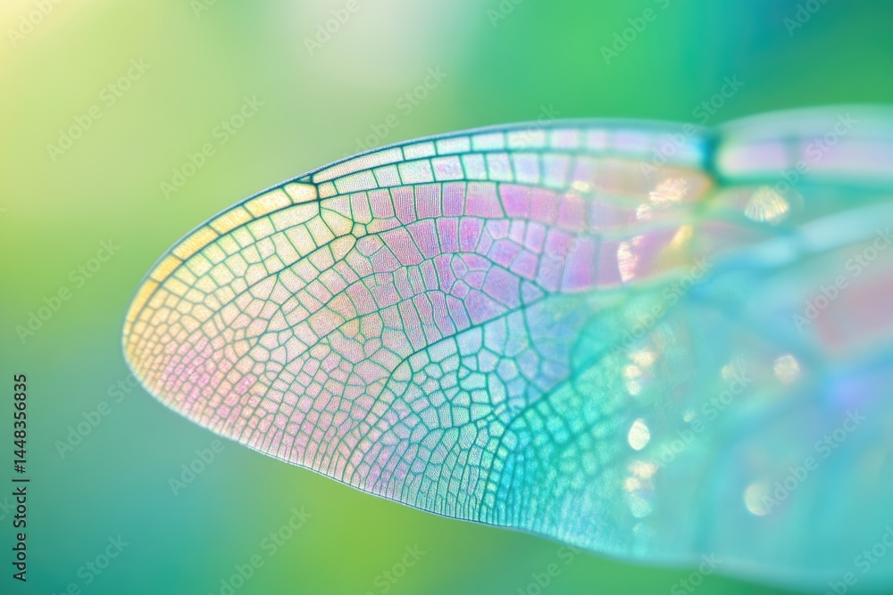Poster close-up of a dragonfly wing showcasing intricate patterns and vibrant iridescent colors against a s