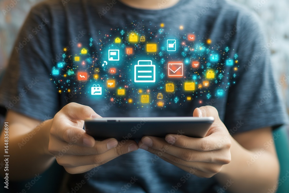 Poster young person using a smartphone with colorful digital icons representing communication and technolog