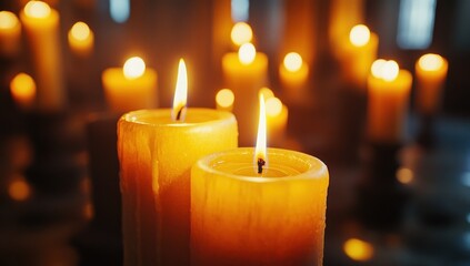 Illuminated Atmosphere: Golden Candles Glow in the Dark