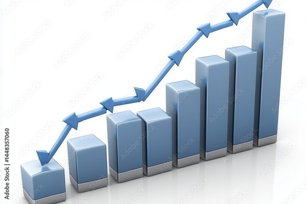 Poster 3d bar graph with upward trend arrows illustrating growth in data analysis and statistics