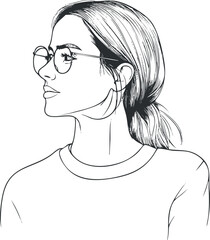 Black and white lineart drawing of a young woman wearing glasses with hair tied back looking to the side