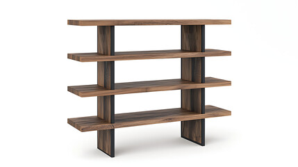 A wooden shelf with four shelves and a black metal frame