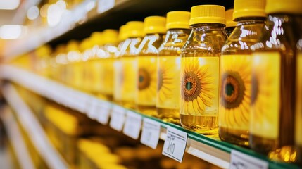 Sunflowers Oil Bottles on Supermarket Shelf