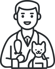 Line art icon of a smiling male veterinarian holding a cat with a stethoscope around neck in clinic