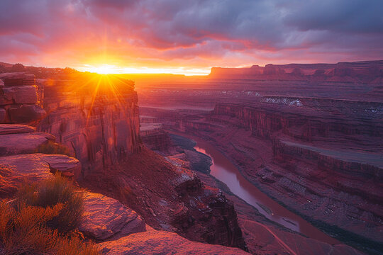 The stunning beauty of a majestic ravine at sunrise, showcasing soft hues, contrast of light and dark, and the transformative power of the morning sun in this natural wonder  