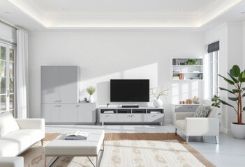 Fototapeta premium Bright white living room features a sleek gray storage cabinet, decor, room design