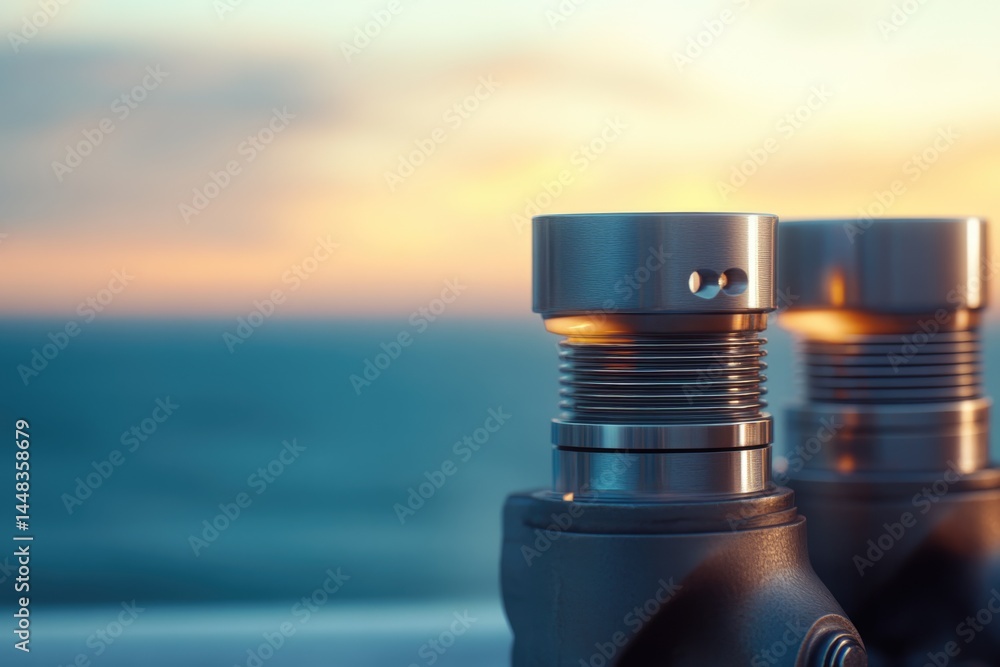 Poster close-up of mechanical components with ocean and sunset background, showcasing precise engineering w