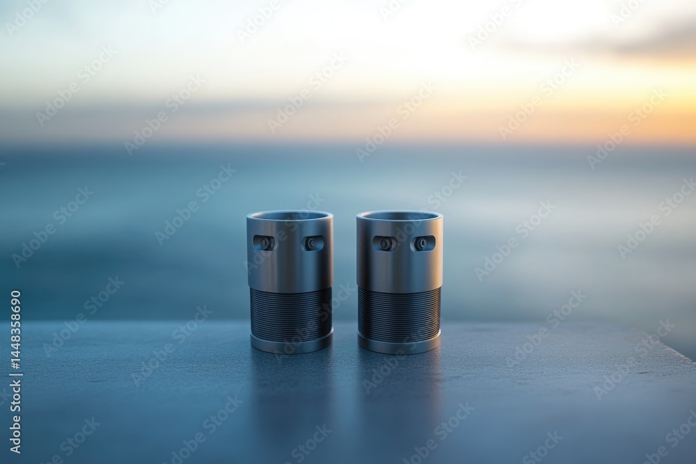 Poster two cylindrical objects on a surface, with ocean and sky in the background during dusk or dawn light
