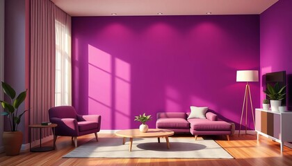 Bright, cozy modern living room with purple armchair, empty dark purple wall, warm lighting, purple theme, empty wall
