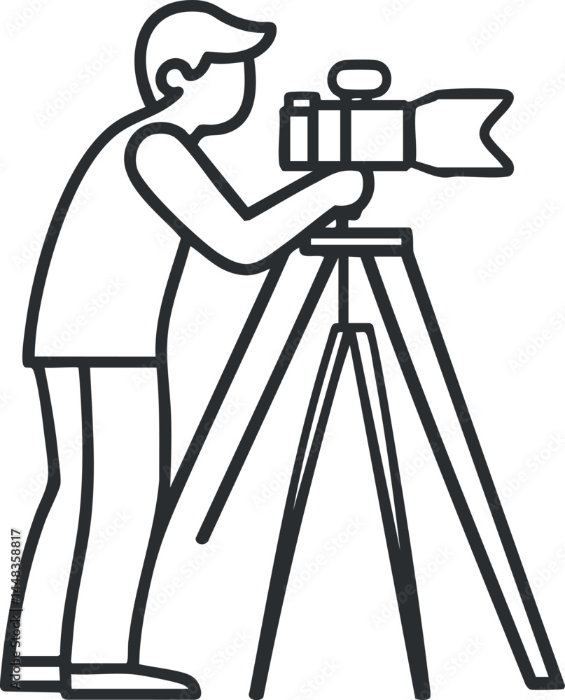 Poster line art illustration of a photographer using a camera on a tripod capturing images