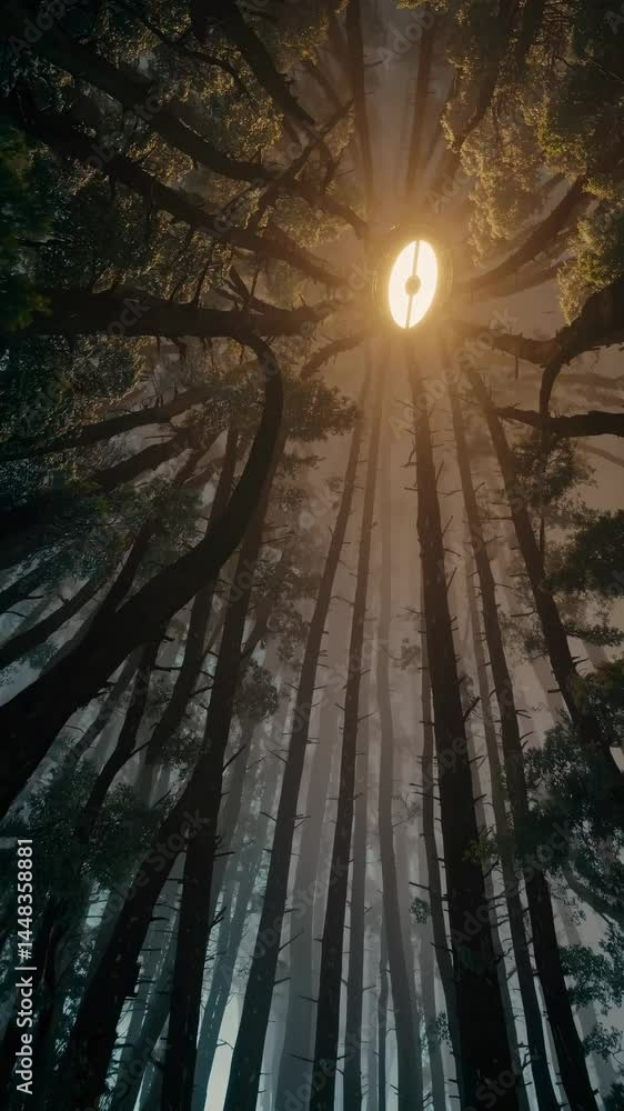 Poster dramatic upward angle captures towering trees with sunlight breaking through, creating a mystical fo