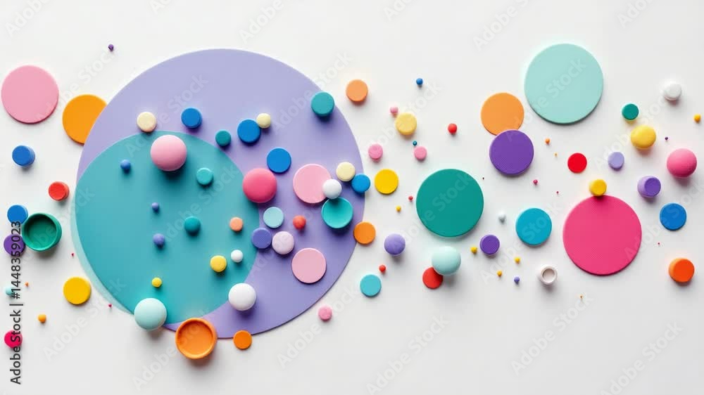 Poster an overhead shot of assorted colorful circles scattered on a white background in a visually appealin