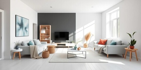 Bright, airy Scandinavian living room Minimalist design, white walls, empty space,  simple living, sunlight