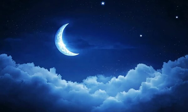 cartoon soft and calm illustration of night sky with crescent moon and stars floating above clouds. space for text. evening themed content, dreamy art and children's stories