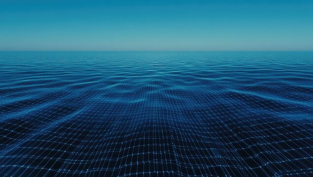 Digital ocean waves with grid overlay