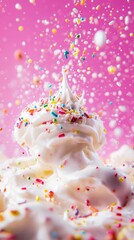 Vibrant birthday cake dessert with candy sprinkles and vanilla cream