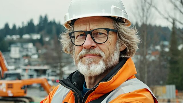 The Architect in The Field: A seasoned architect wearing a safety helmet with confidence and deep focus, ready to spearhead project.