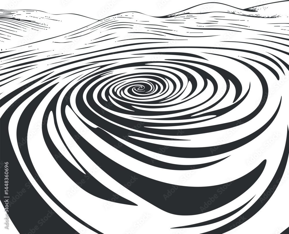 Poster abstract black and white spiral vortex creating an optical illusion with swirling curved lines