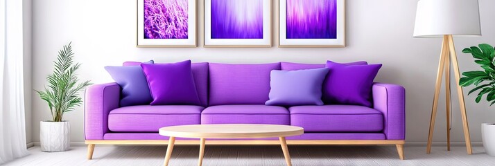 Boho-style interior featuring a soft light purple sofa. 