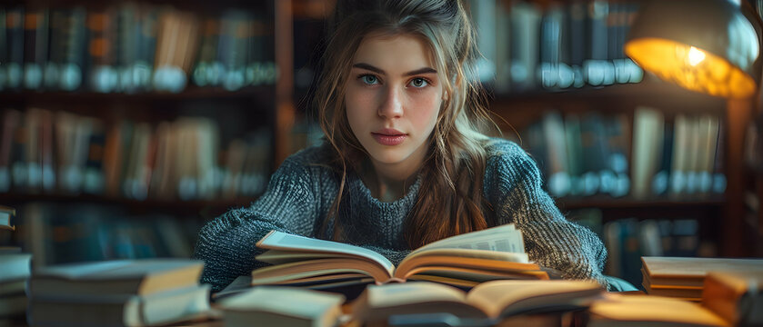 Girl reading books in library.