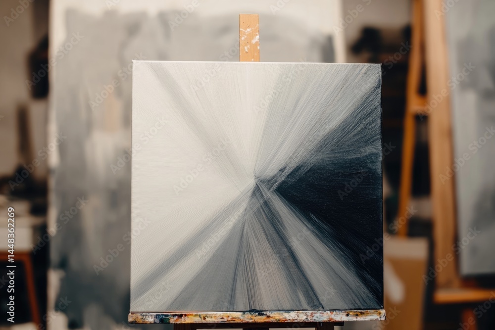 Poster abstract grayscale painting with radiating brushstrokes, creating a dynamic visual effect.
