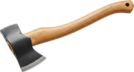 Hand Axe with Wooden Handle Sharp Blade Camping Tool Woodcraft Equipment Isolated on Black