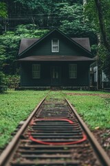 Obraz premium A dark green house sits on a railroad track. Lush green forest surrounds the property