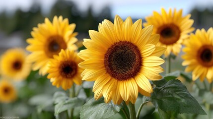 Obraz premium Sunflowers stretch toward the sun in a vibrant field, illuminated by sunlight filtering through soft clouds on a clear day.