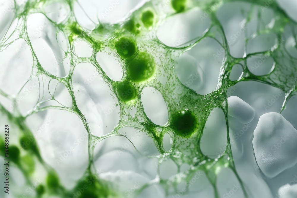 Aufkleber microscopic view of green algae trapped in a translucent, web-like structure.