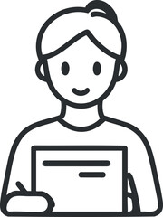 Line art illustration of a young woman smiling with hair tied back in a simple avatar style