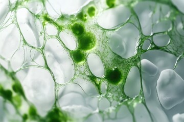 Microscopic view of green algae trapped in a translucent, web-like structure.