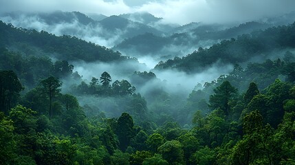 Obraz premium Misty mountain landscape with lush green forest.