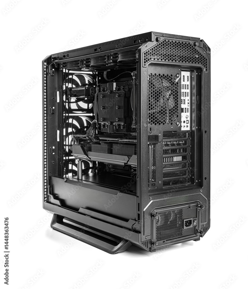 Poster this image shows a high-performance pc case with a clear side view of its internal components, inclu