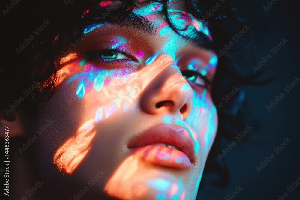 Poster close-up portrait of a person with colorful light projections on their face, creating a surreal and 