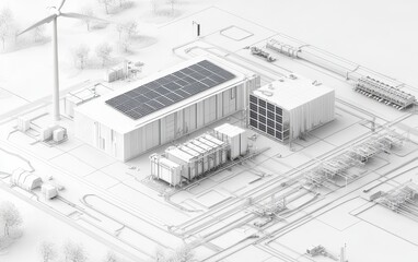 Highly detailed 3D visualization of a modular microgrid system with solar panels, wind turbines, rechargeable batteries and control panels used in energy production.