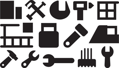 Obraz premium Black Construction Tools Icon Set on White Background