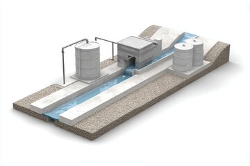 Highly detailed 3D visualization of a rainwater harvesting system on an inclined terrain with sewerage, filtration and underground storage tanks used in industrial design.