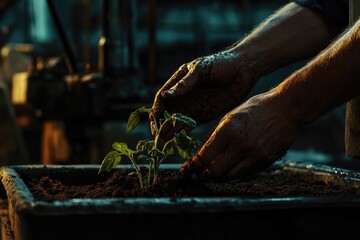A farmer's weathered hands gently plant a young tomato seedling in rich soil.