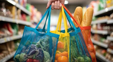 Fototapeta premium Groceries in Colorful Reusable Mesh Bags: Woman Holds Fresh Produce, Fruits, & Bread at Market; Promoting Eco-Friendly Shopping & Sustainable Living with Vibrant Visual Appeal