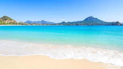 Pristine tropical beach scene under a bright, clear sky.