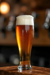 Glass of beer on bar counter. Glass of beer with draft beer dispenser background. Beer tap in bar. Beer mug. Refreshment and party concept. Alcohol beverage menu