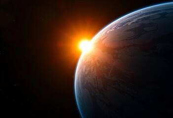 Fototapeta premium Sun rising over Earth's night side, seen from space, photo, atmosphere