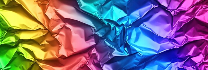 crumpled rainbow spectrum aluminum foil texture crinkled gift packaging paper abstract metallic background 