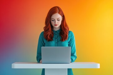 Redhead woman concentrating on her laptop work against a vibrant, colorful background.