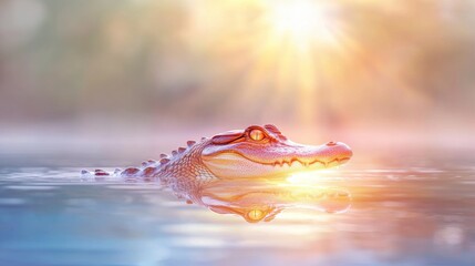 Serene Alligator Swimming in Calm Water with Soft Sunrise Glare