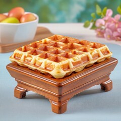 Golden Brown Waffle on Wooden Tray Over Soft Blue Surface