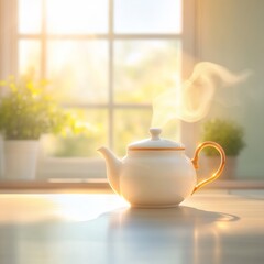 Elegant White Teapot with Steam against Bright Window Background