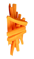 Side view of orange carrot slices in stick shape in stack isolated with clipping path in png file format