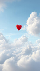 Fototapeta premium Red heart balloon floating above white clouds under clear blue sky
