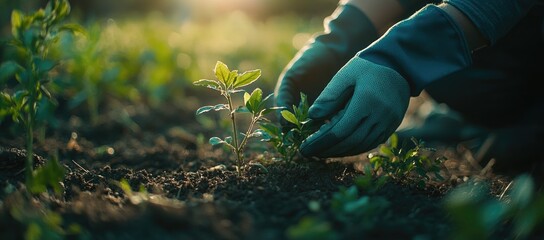 Fototapeta premium Hands gently planting young seedlings in rich soil at sunset